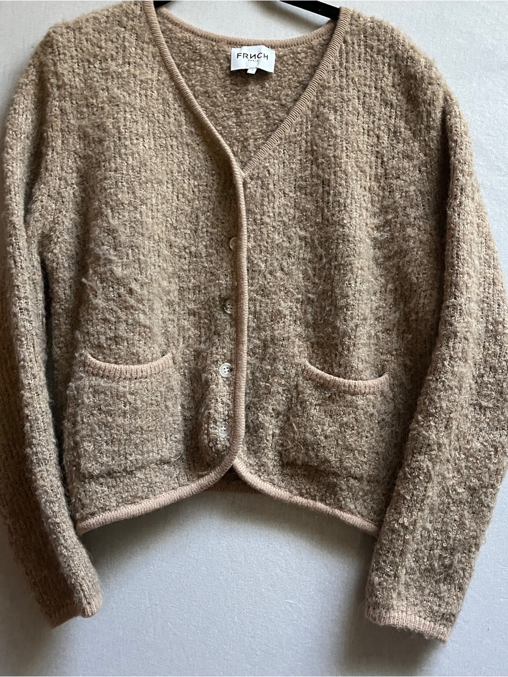 FRNCH Camel Textured Boucle Knit Cardigan Sweater S